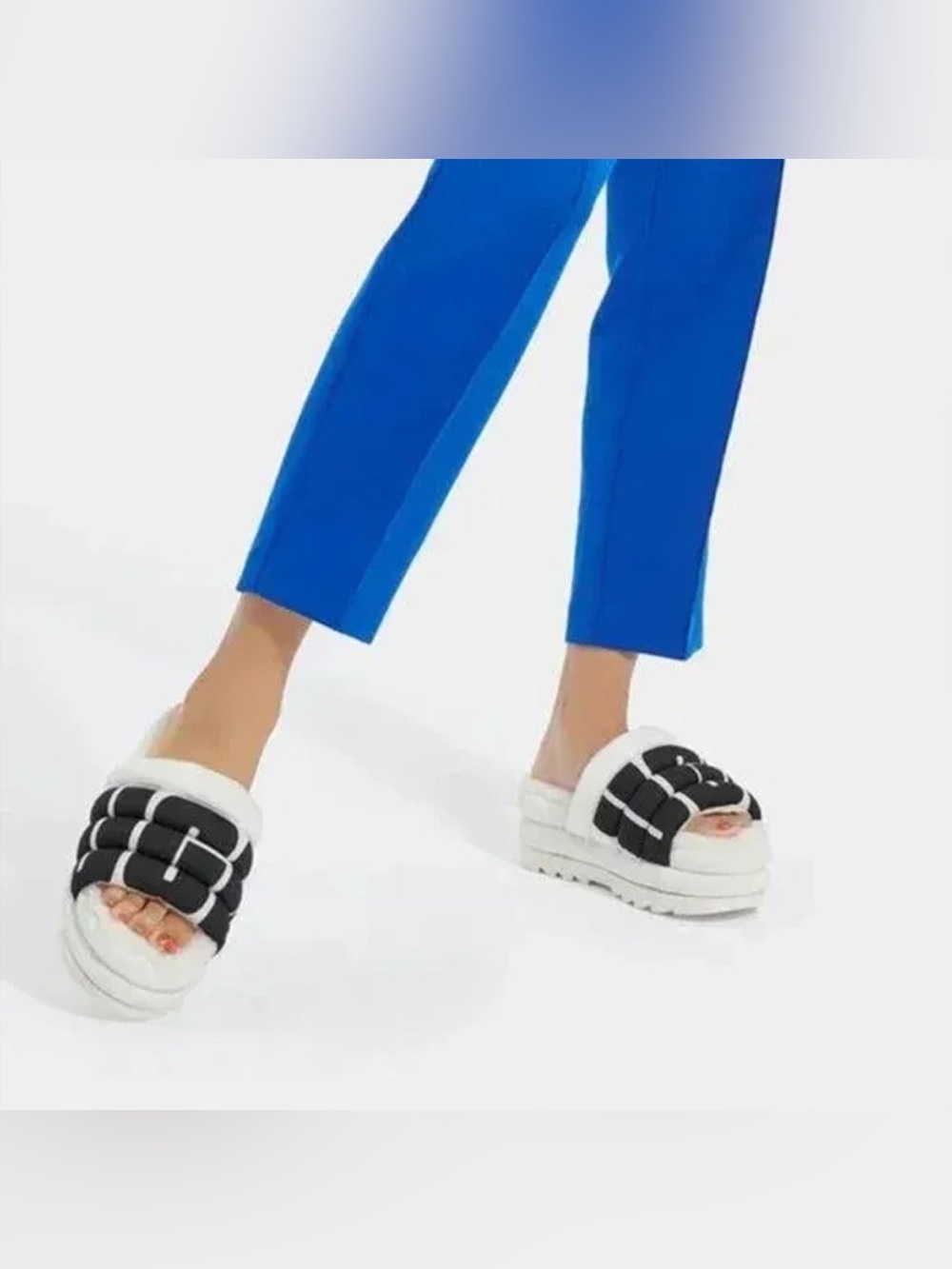 UGG Black & White Puffer Shearling Slide Slippers